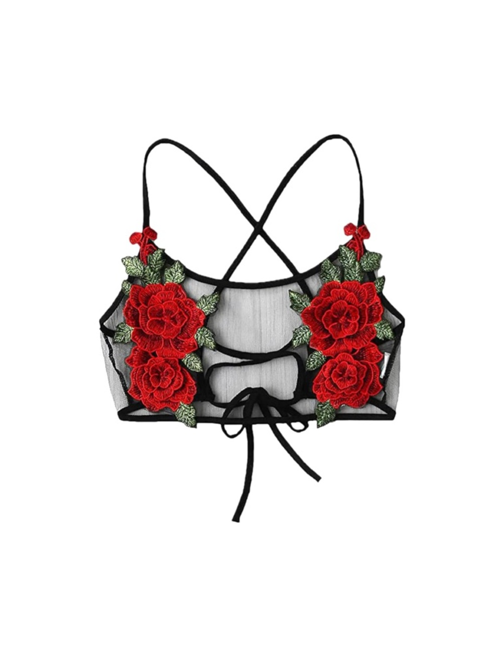 Sheer Black Bralette with Red Rose Appliqué